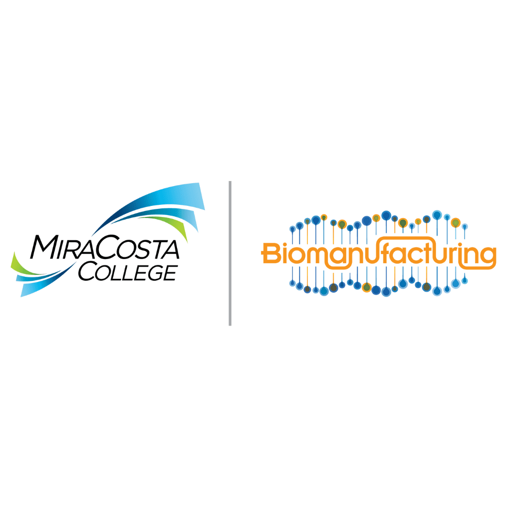 MiraCosta College logo side by side with the text Biomanufacturing