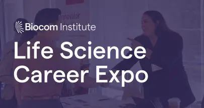 man and woman shake hands over a table in the background, purple transparent color over picture with the text Life Science Career Expo at front